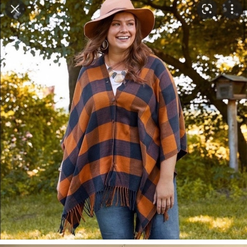 Matilda Jane Orange and Navy Plaid Fleece Poncho- retired trunk keeper